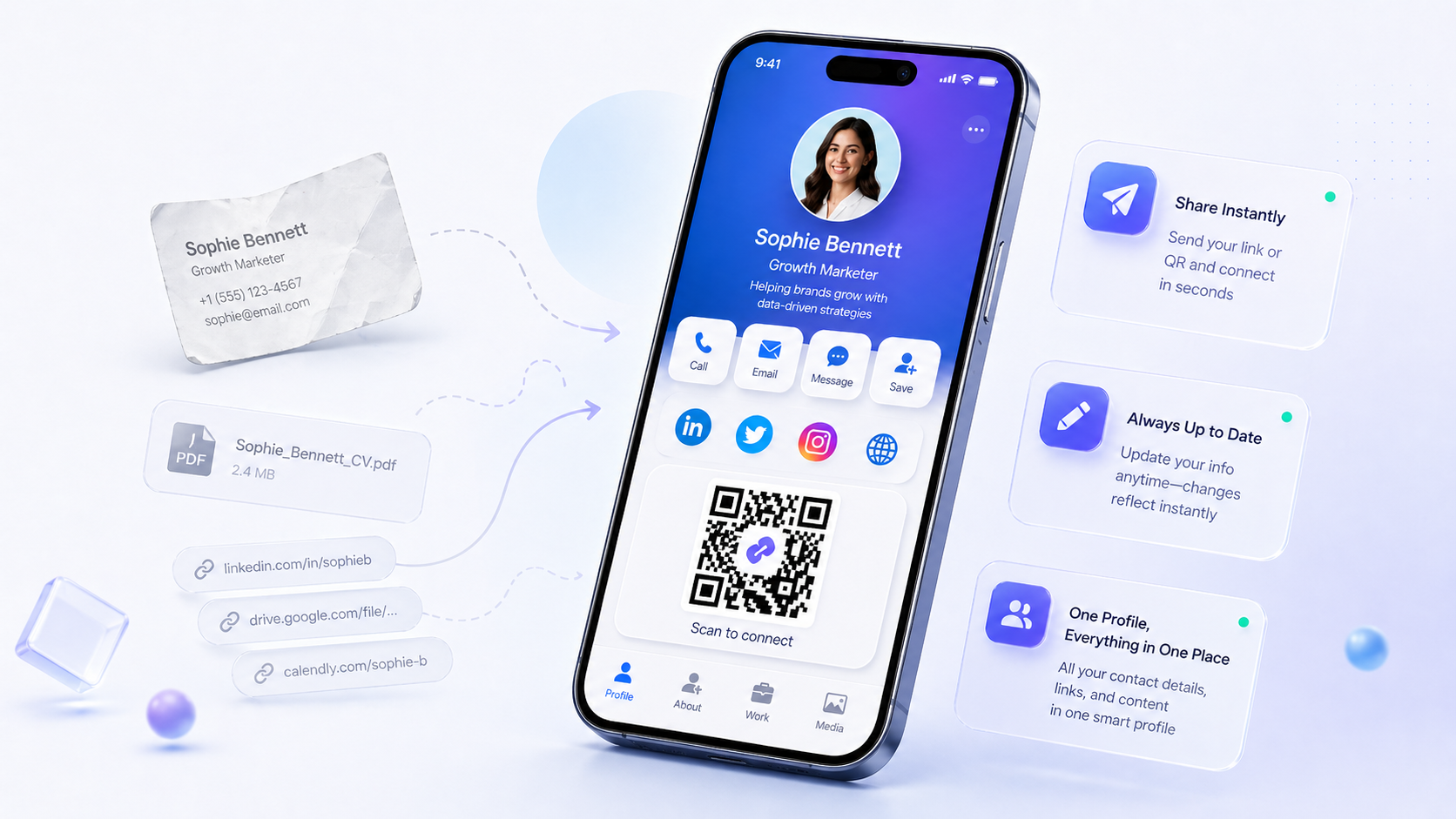 Illustrated scene representing BiznizCard, networking, and sharing by link